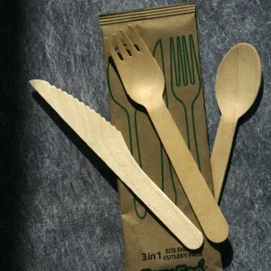 Eezy Eco Biodegradable Wooden 3 in one Wrapped Fork, spoon and knife